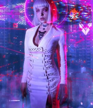  	Neon Girl Cyber Punk 2077 White Leather Coat