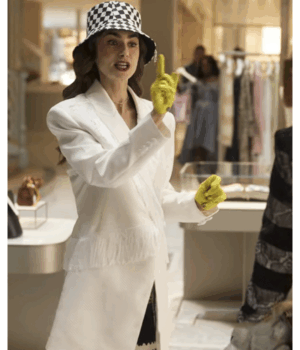 Emily In Paris Lily Collins White Fringe Trim Coat 1