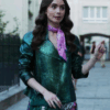Emily In Paris Emily Cooper Green Metallic Moto Jacket 1