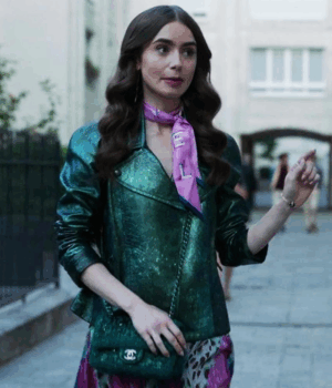 Emily In Paris Emily Cooper Green Metallic Moto Jacket 1