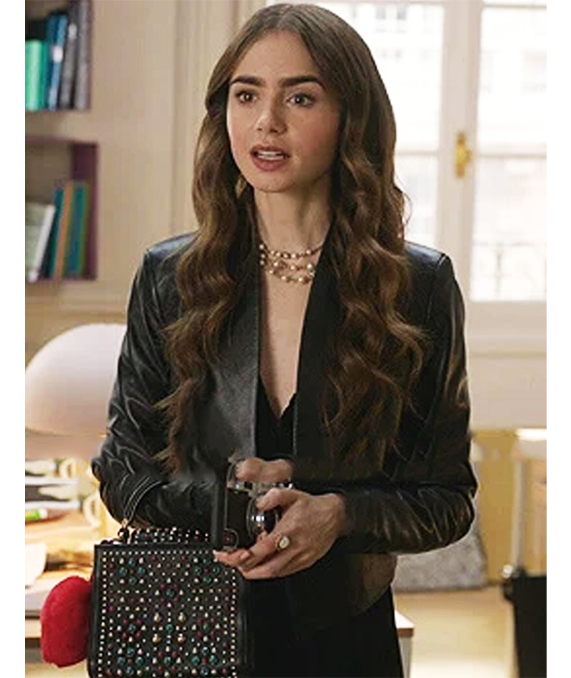 Emily In Paris TV Series Emily Cooper Black Leather Jacket Emily In Paris TV Series Emily Cooper Black Leather Jacket