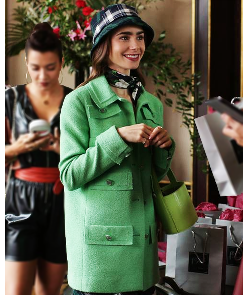 Emily In Paris Lily Collins Multi-Pocket Green Coat Emily In Paris Lily Collins Multi-Pocket Green Coat 1