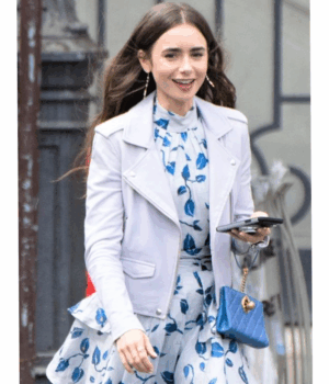 Lily Collins Emily in Paris White Leather Jacket