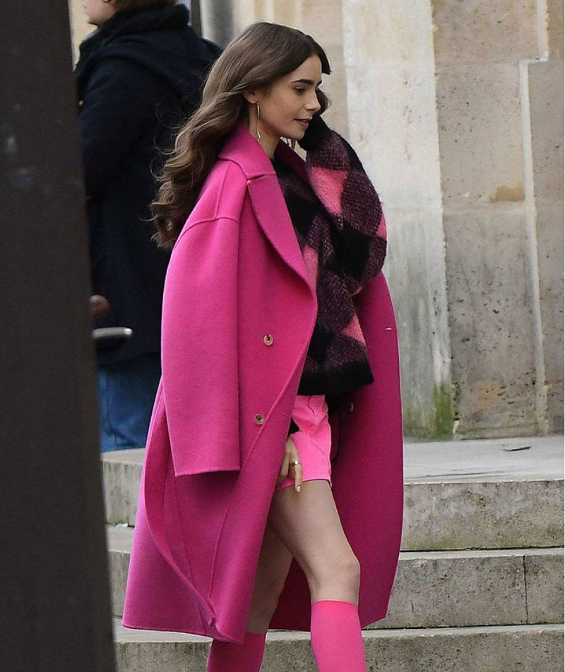 Emily In Paris Lily Collins Pink Long Coat Emily In Paris Lily Collins Pink Coat