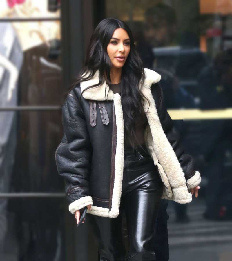 Kim Kardashian Street Style Shearling Leather Jacket Kim Kardashian Street Style Jacket