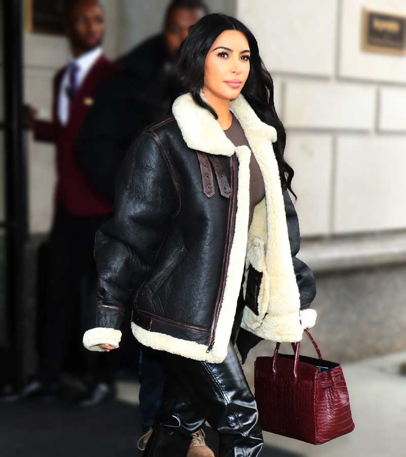 Kim Kardashian Street Style Shearling Leather Jacket Kim Kardashian Shearling Jacket