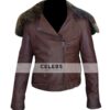 Rihanna Brown Fur Collar Leather Jacket 1