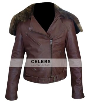 Rihanna Brown Fur Collar Leather Jacket 1