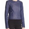  	Felicity Smoak Blue Leather Zipper Jacket