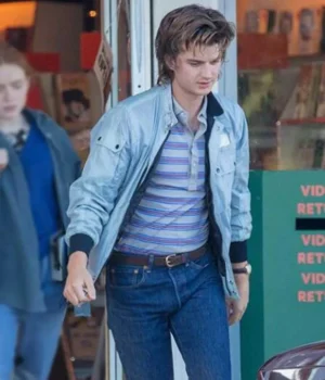  	Stranger Things Steve Harrington Blue Satin Bomber Jacket