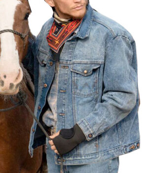  	Jefferson White Yellow-stone Blue Denim Trucker Jacket