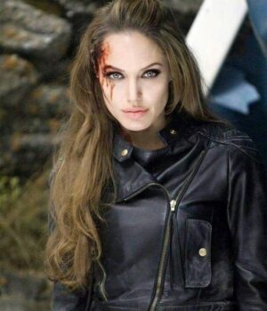  	Angelina Jolie Eternals Black Biker Leather Jacket
