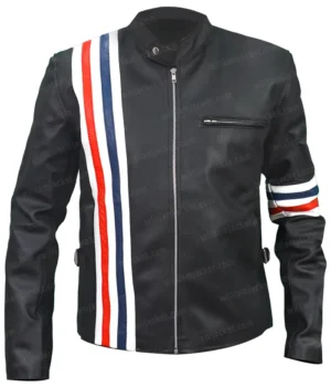  	Captain America Easy Rider Zip Up Black Leather Stripe Jacket