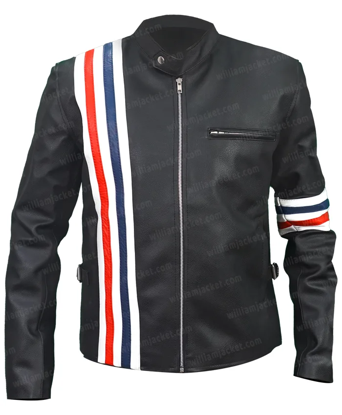 Captain America Easy Rider Zip Up Black Leather Stripe Jacket Captain America Easy Rider Zip Up Black Leather Stripe Jacket