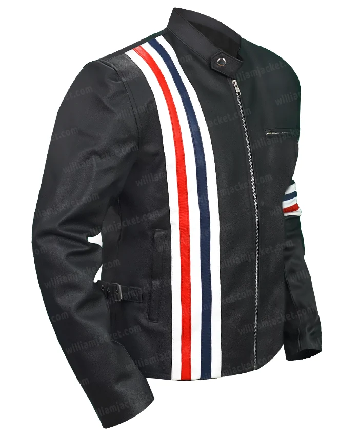 Captain America Easy Rider Zip Up Black Leather Stripe Jacket Captain America Easy Rider Zip Up Black Leather Stripe Jacket