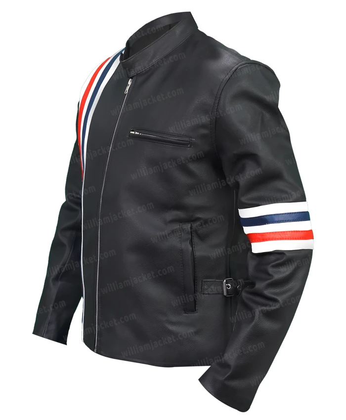 Captain America Easy Rider Zip Up Black Leather Stripe Jacket Captain America Easy Rider Zip Up Black Leather Stripe Jacket