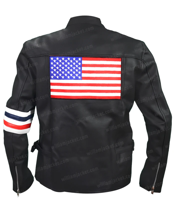 Captain America Easy Rider Zip Up Black Leather Stripe Jacket Captain America Easy Rider Zip Up Black Leather Stripe Jacket