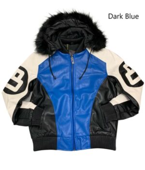  	Unisex 8 Ball Black White and Blue Bomber Parka Leather Jacket
