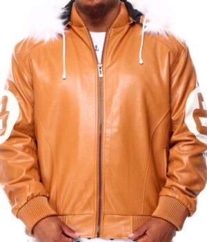  	Unisex 8 Ball Orange Fur Hooded Leather Jacket