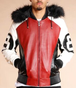  	8 Ball Logo Fur Hooded Parka Leather Jacket