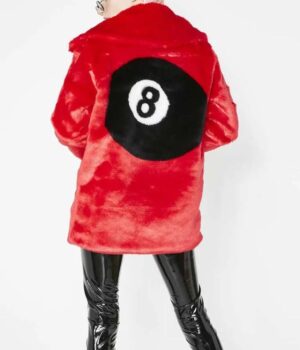  	8 Ball Logo Printed Red Fur Jacket