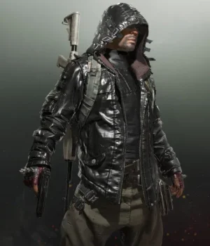  	PUBG Mens Black Leather Hoodie Jacket
