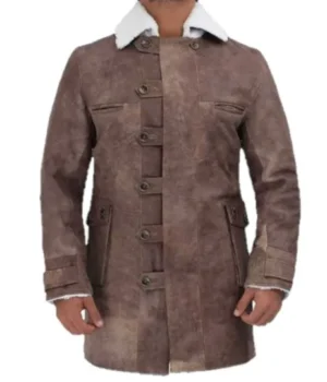 	Steven Buttoned Closure Distressed Shearling Leather Coat