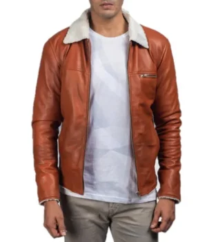  	Howard Tan Brown Fur Collar Leather Jacket