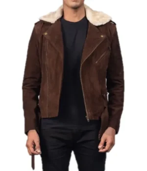  	Kyle Brown Shearling Asymmetrical Zipper Suede Jacket