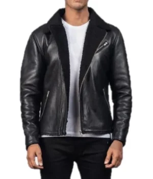 	Ryan Black Asymmetrical Zipper Shearling Jacket