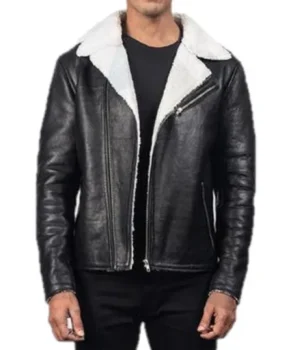  	Justin White Shearling Black Leather Jacket