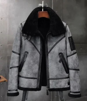  	Jeremy Grey Black Shearling Fur SF Bomber Jacket