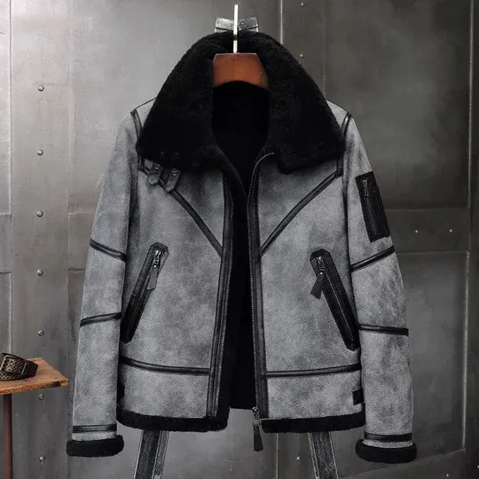Jeremy Grey Black Shearling Fur SF Bomber Jacket Jeremy Grey Black Shearling Fur SF Bomber Jacket