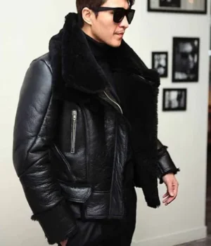  	Scott Shearling Fur Black Biker Aviator Jacket