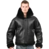  	Michael Large Fur Collar Black Leather Jacket