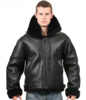  	Michael Large Fur Collar Black Leather Jacket