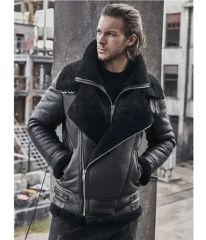  	Rogers Double Collar Biker Aviator Black Leather Jacket