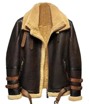  	Ronald Double Belted Cuffs Collar Brown Shearling Jacket
