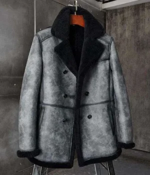  	Thomas Black Grey Double Breasted Shearling Coat