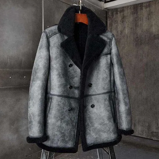 Thomas Black Grey Double Breasted Shearling Coat Thomas Black Grey Double Breasted Shearling Coat