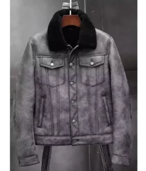  	Dustin Grey Black Shearling Fur Trucker Jacket