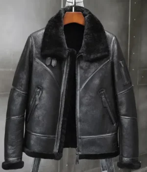  	Eric Grey Black Triple Belted Cuffs Shearling Jacket