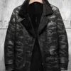  	Charles Black Camo Lapel Shearling Leather Coat