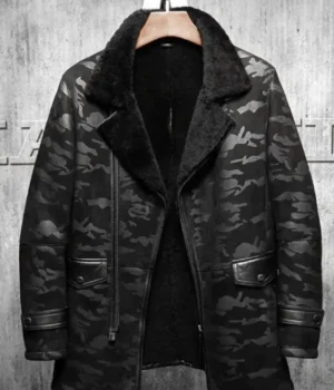 	Charles Black Camo Lapel Shearling Leather Coat