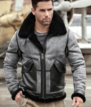 	Troy Black Grey Leather SF Bomber Jacket