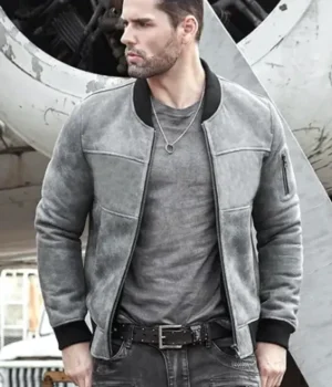  	Reed Army Grey and Black Suede MA-1 Bomber Jacket