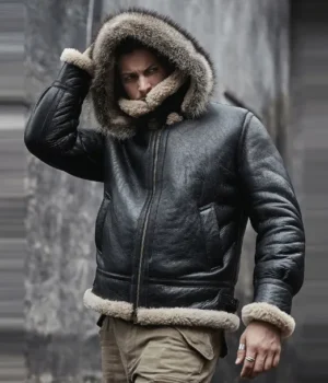  	Antonio-SF Hooded Shearling Fur Black Bomber Jacket