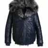  	Mens Black Leather Bomber Hooded Parka Fur Jacket