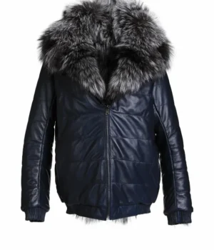  	Mens Black Leather Bomber Hooded Parka Fur Jacket