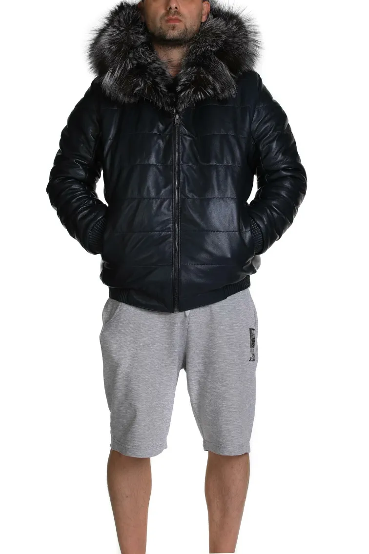 Mens Black Leather Bomber Hooded Parka Fur Jacket Mens Black Leather Bomber Hooded Parka Fur Jacket